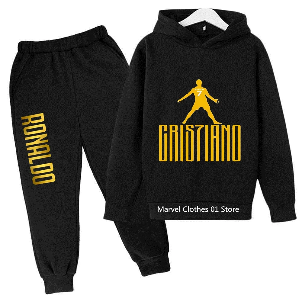 Ronaldo printed children's clothing Children's hoodie suit Velvet sweatshirt pants sport 2 piece set for boys and girls