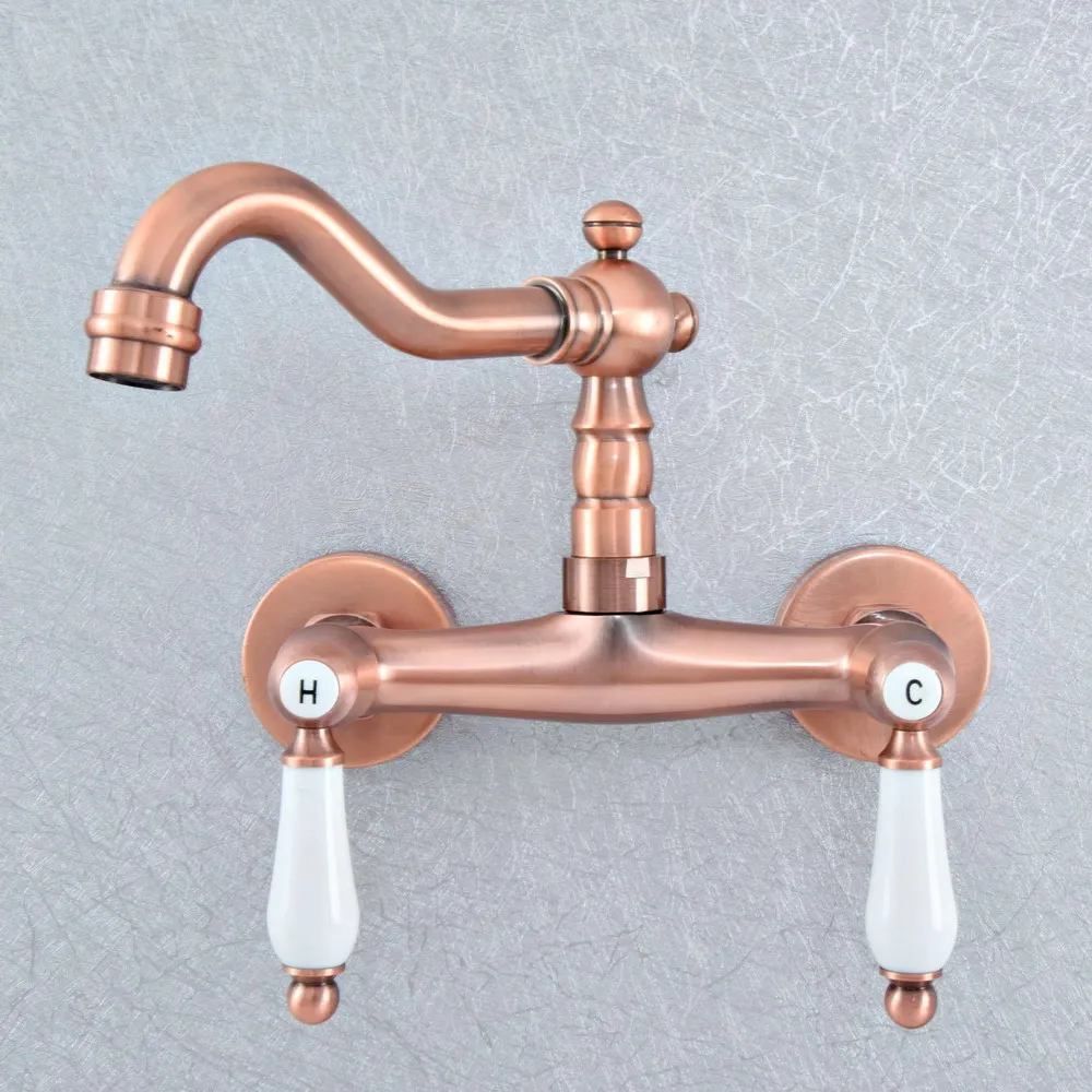 

Antique Red Copper Brass Two Ceramic Handles Wall Mounted Kitchen Bathroom Swivel Spout Faucet Mixer Tap asf901