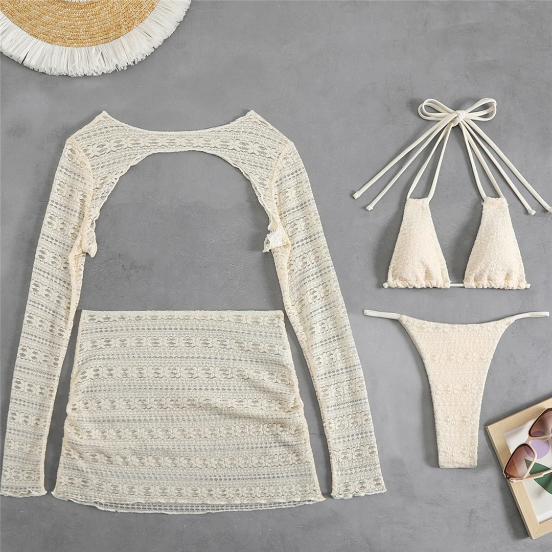 4-teiliges Halter-Bikini-Set mit Rock, langärmeligem Oberteil, Damen-Badeanzug, Damen-Bademode, Badebekleidung, Badeanzug, Schwimmanzug V6339 – Detail 15