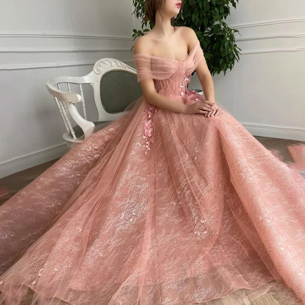 Pink Elegant Flower Accents Tulle Shiny Prom Dress for Bridal A-line Court Evening Prom Gown with Pockets robe de mariée