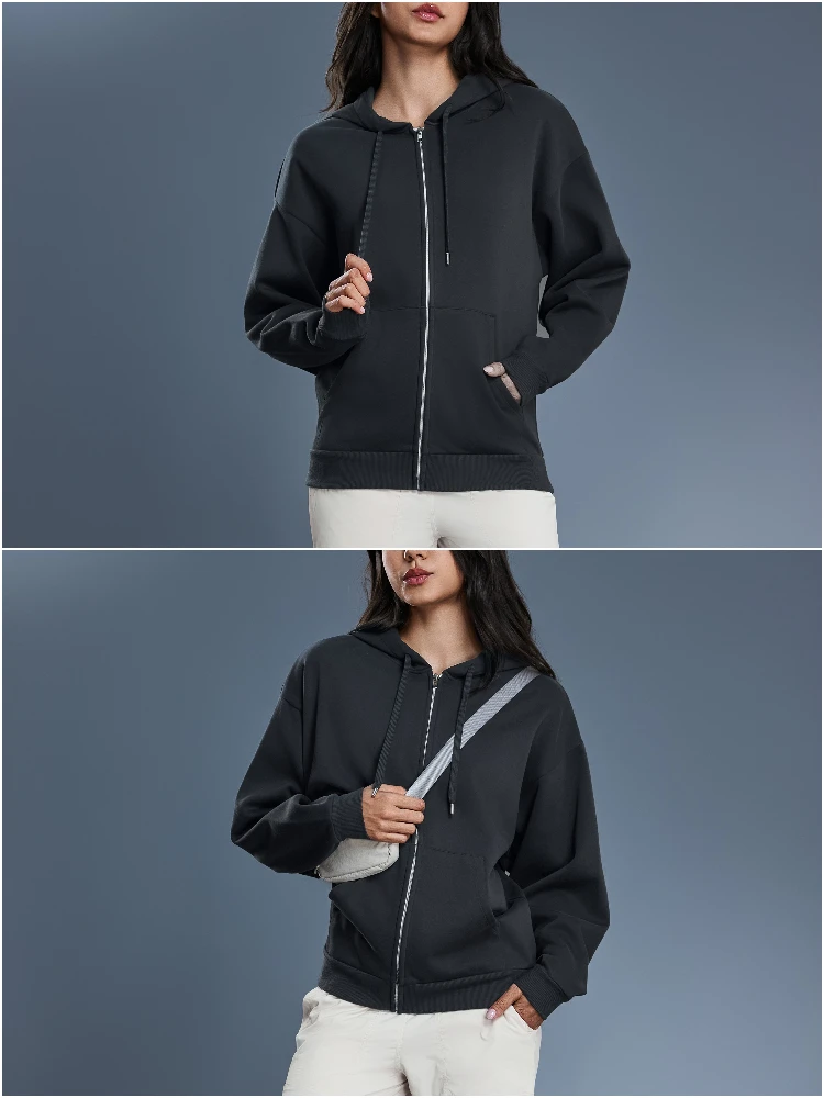 VITALINOVO Damen-Herbst-Kapuzenpullover mit Reißverschluss, Sweatshirts, Fleece-gefütterte Winterjacke mit Kapuze und Kordelzug, locker sitzende Trainingsjacken, Oberteil – Detail 11
