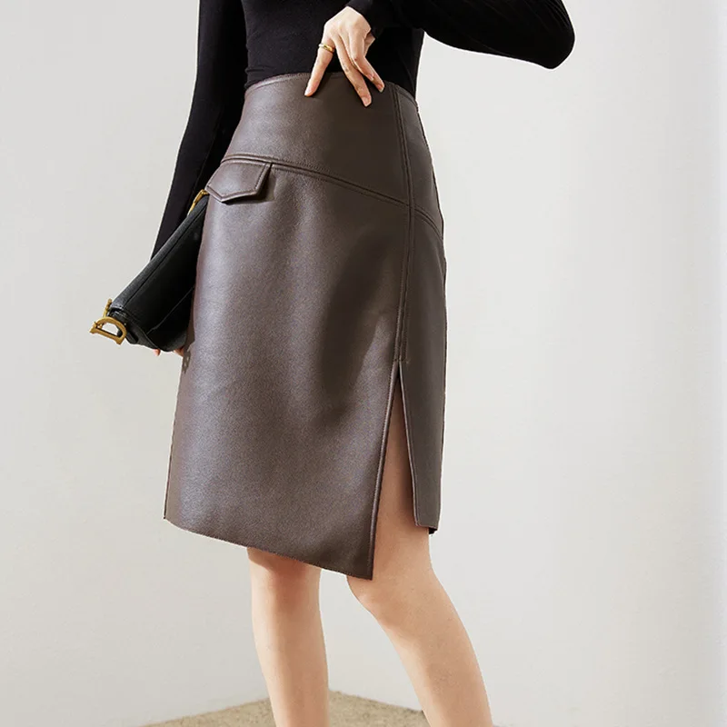 Women's Leather Skirt, High Waist,Genuine Sheepskin, Irregular, Lower Swing Fork,  Hip Wrap, OL, Spring, Autumn