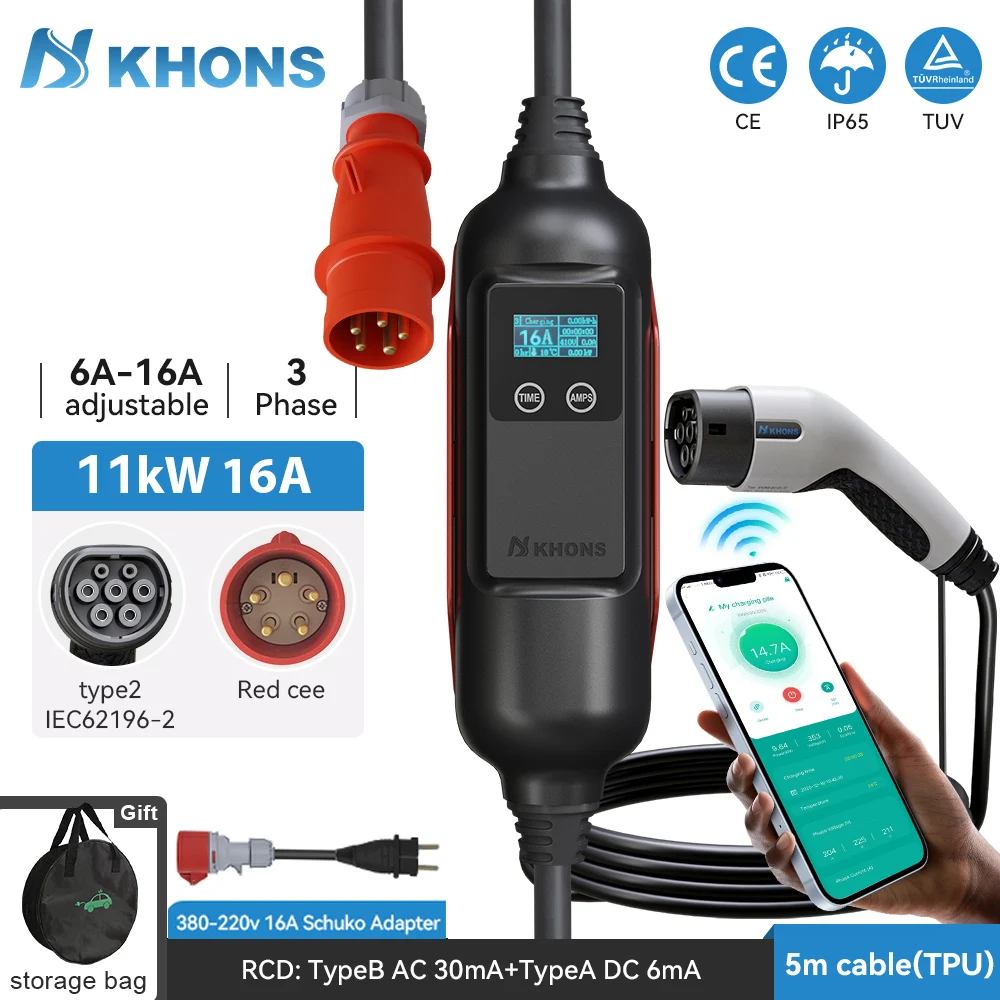 Khons Portable EV Charger 11KW Type2 EV Wallbox 16A Wi-Fi APP Bluetooth Version EVSE Charging Cable TPU 5m For Electric Car