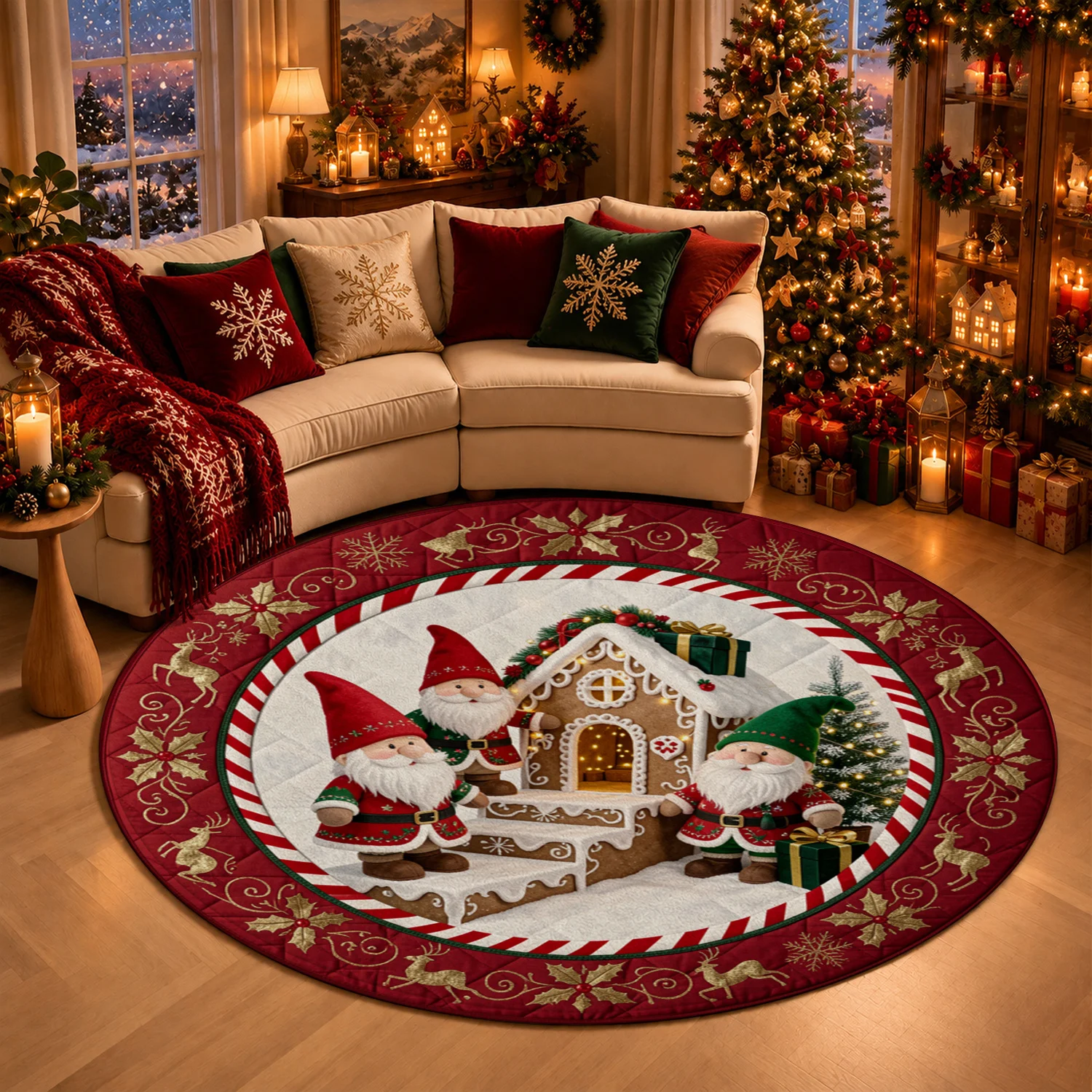 Christmas Gnomes Gingerbread House Reindeer Print Round Velvet Placemat Machine Washable for Dining Table Coffee Table Kitchen Counter Halloween Thanksgiving Christmas New Year Black Friday Cyber Monday