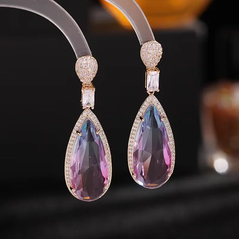 925 Stud Earrings For Women Gold Plated Gradient Colorful Crystal Light Pink Purple Long Dangle Drop Earring Party Accessories