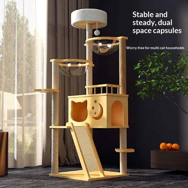 

Extra Large Wooden Cat Tree Tower with Space Capsule & Jump Platform, Integrated Condo & Scratching Post, Ceiling Mount for Cats