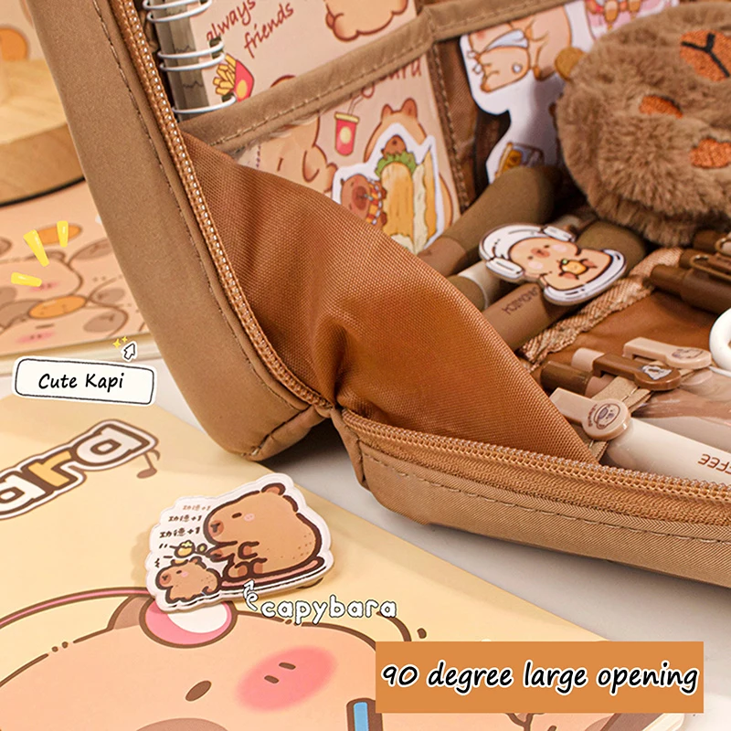 Imagem -03 - Grande Capacidade Capivara Kawaii Multi Layered Separado Papelaria Bolsa Lápis Case Bolsa Cosmético Escola e Material de Escritório