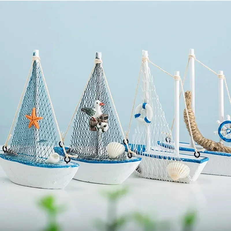 1pc Mini Mediterranean Style Marine Nautical Wooden Blue Sailing Boat Ship Wood Crafts Ornaments Party Room Home Decoration