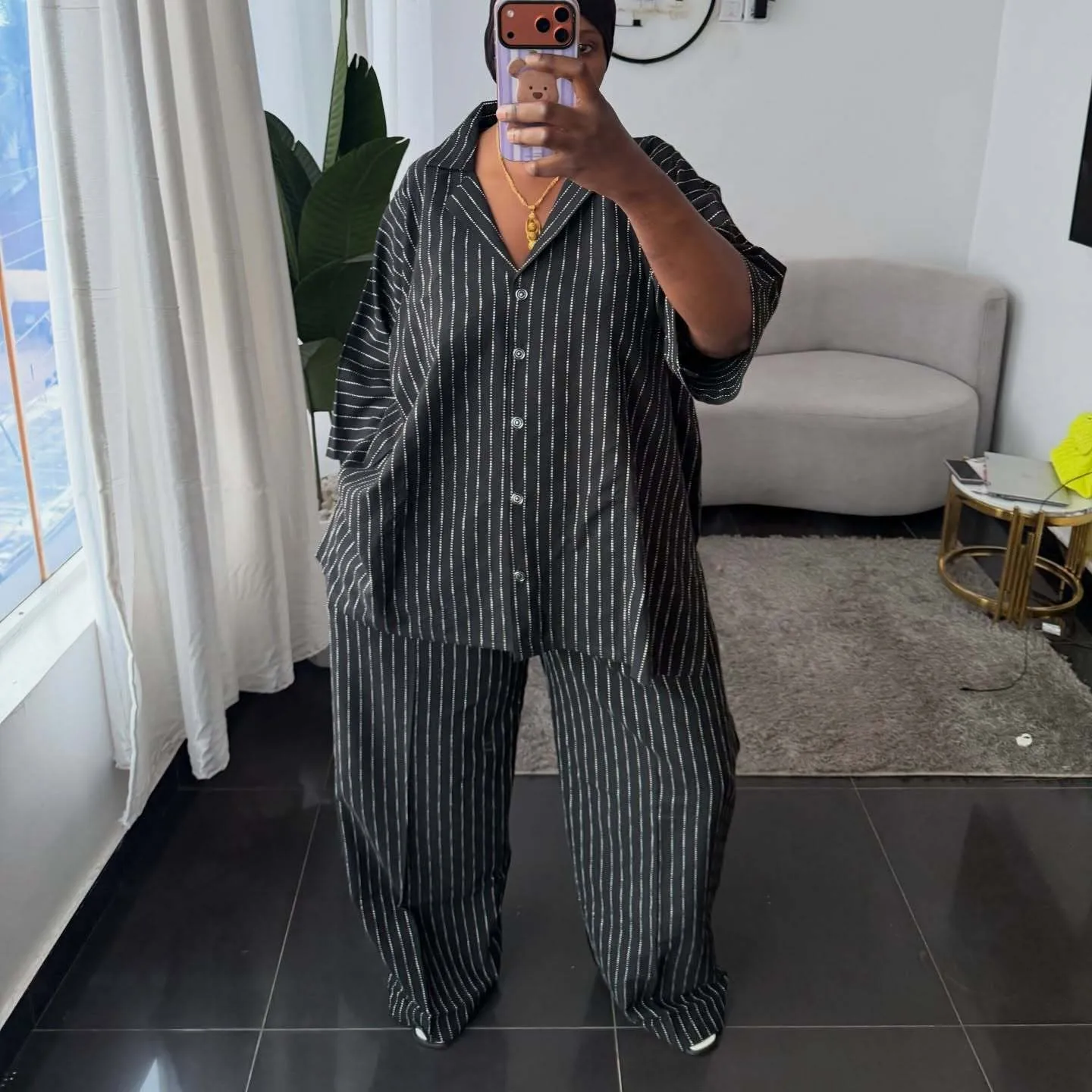 

2 Pieces Set For Woman Blouse Striped 3/4 Sleeve Shirt Wide Leg Pants Top Black And White Matching Set Button Down Collar