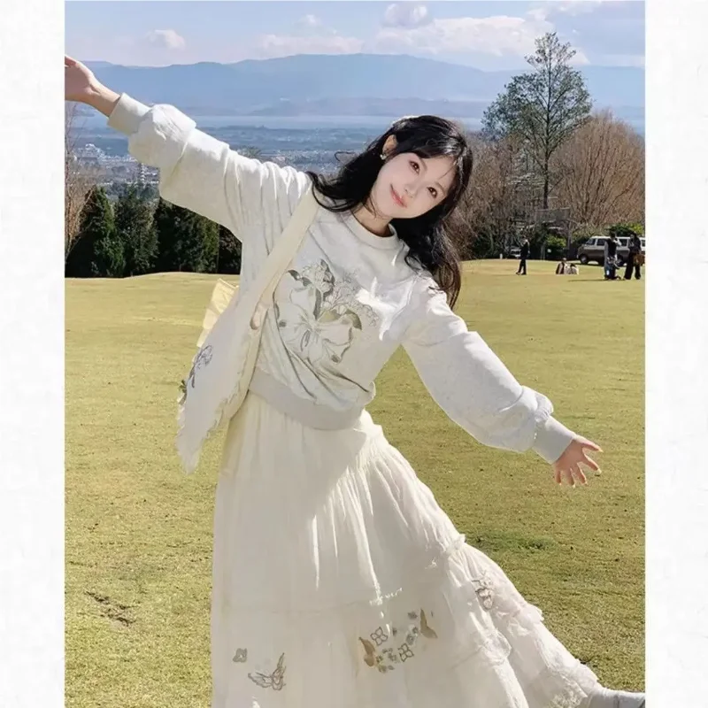 Mori menina doce bordado renda emenda saia primavera nova cintura elástica a linha saias fada versátil y2k faldas Юбка