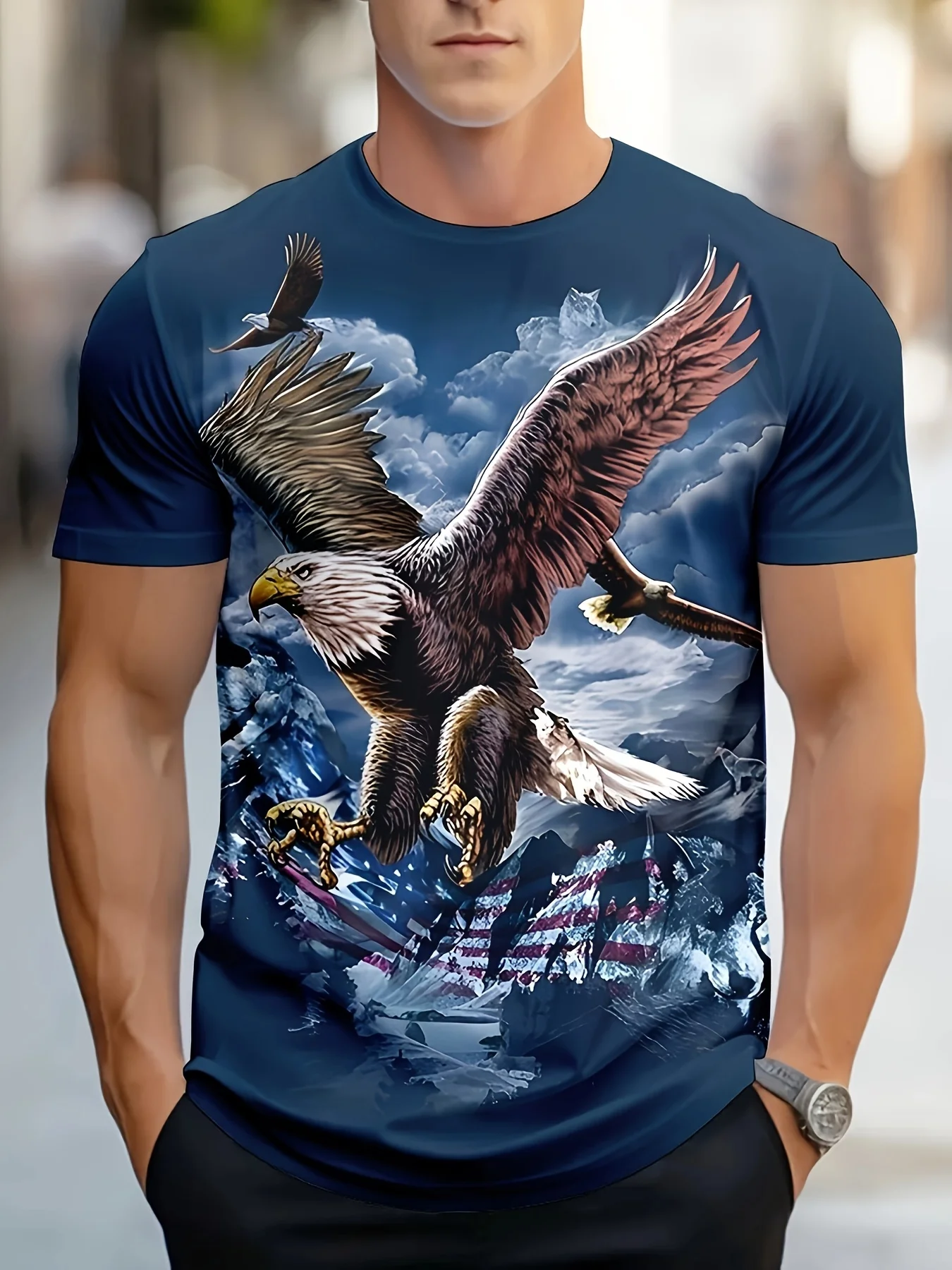 

[Men's Eagle T-Shirt] Lightweight Breathable Men's Eagle 3D Graphic T-Shirt | American Flag & City Skyline Design