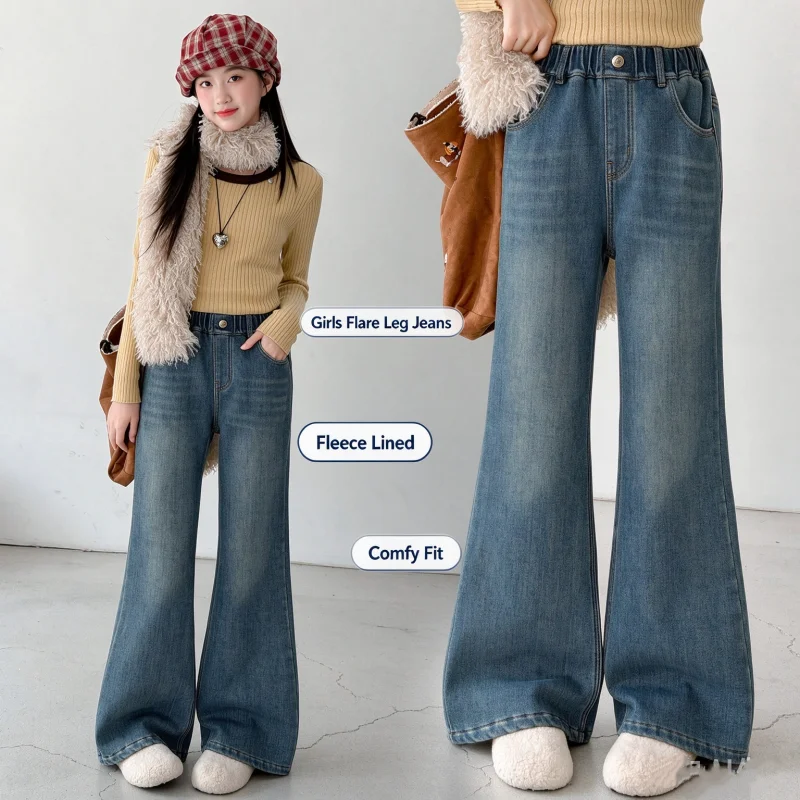 Girls Fleece Lined Flare Leg Jeans Vintage Denim Elastic Waist Heart Embroidery Warm Casual Pants For 6-16Y Easy care & Durable