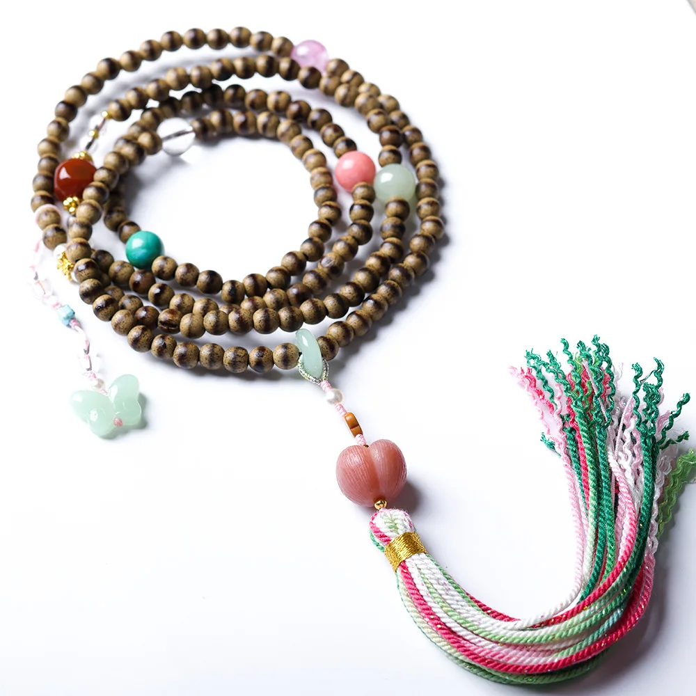 First Class Butter Agarwood Multi-Layer Bracelet Wenwan Bodhi Root Peach White Quartz Chinese Style Bracelet Necklace Gifts