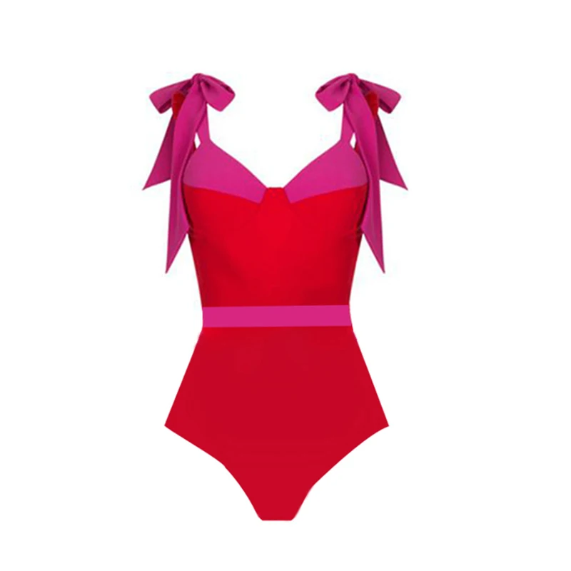 2023 Sexy Solid Red One Piece Swimsuit Women Push Up Lace-up Bandage Bodysuit Brazilian V-Neck Bathing Suit Swimwear Beachwear