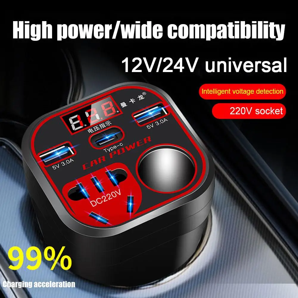 Inversor de energia do carro com display LED, 12V, 24V, 200W, 3 portas USB, isqueiro, QC3.0, inversor de energia, acessórios adaptador