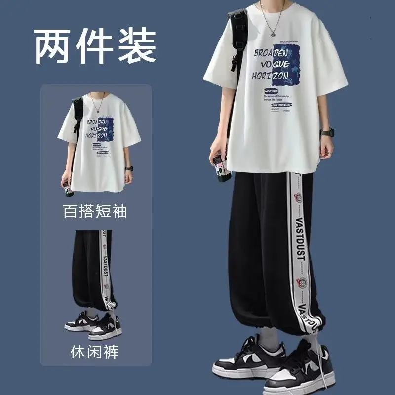 T-shirt + Pants 2 Pieces Casual Pullover Fashion Print Patchwork Male Sportswear Y2k Harajuku Hip Hop  Men's Spring Summer Sets