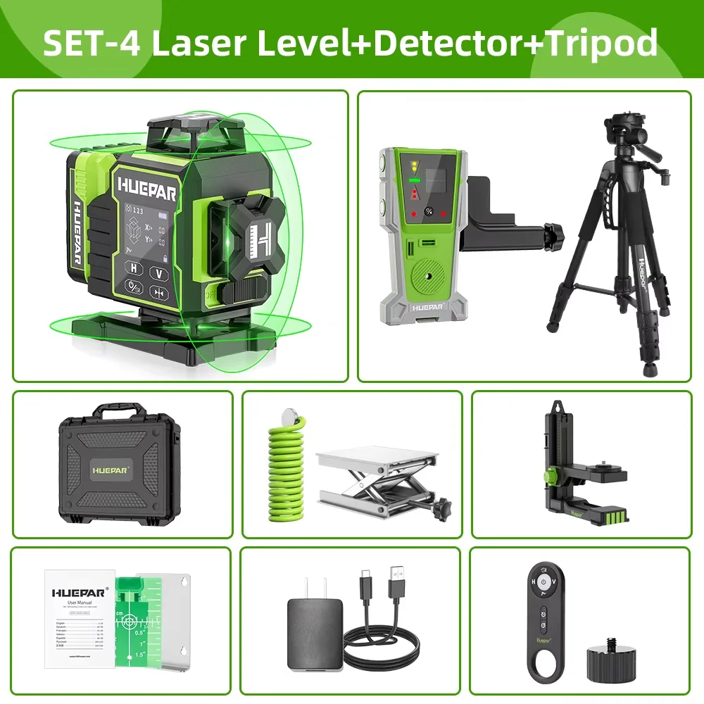 Huepar W04CG Laserniveau Zelfnivellerend 4x360 ° Bluetooth 4D groene Lazer Leveler Tool met elektrische roterende basis Groot LCD-scherm