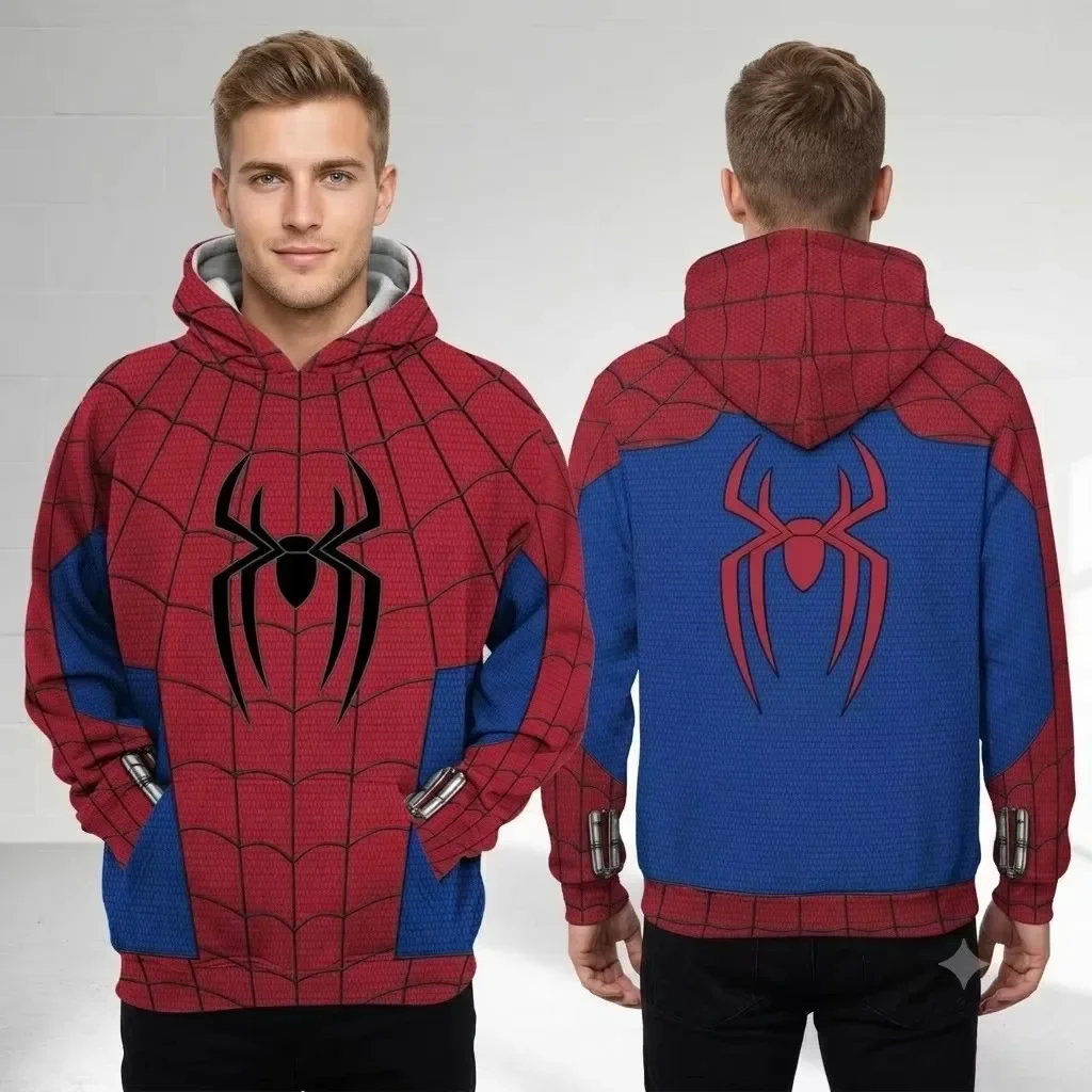 Kapuzenjacke mit Spinnenmuster, Cosplay, rot-blauer Colorblock-Hoodie, lässiger Y2K-Streetwear-Langarm-Sweatshirt-Oberteil, passend für die ganze Familie – Detail 5