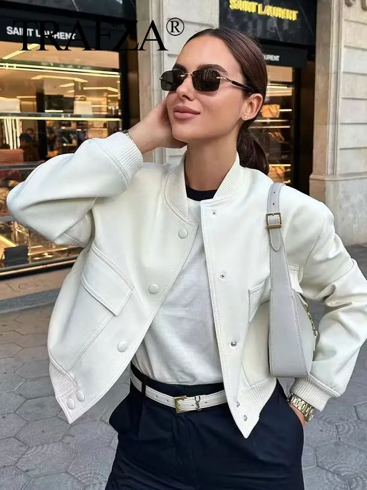 

TRAFZA Women Elegant Solid Jacket Long Sleeve Button Slim Cropped Coat 2023 Female Fashion Streetwear Casual Chic Tops Woman