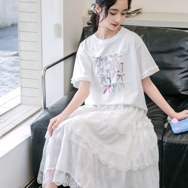 

Children's outfit for girls with short sleevestTwo-piece set of shirt and skirt for older children, summer thin princess dress