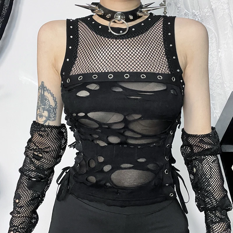 Goth Black Hollow Out Mesh Tank Tops Y2K Vintage Sexy Eyelet Lace-up Sleeveless Corset Crop Top Women Basic Tops Streetwear