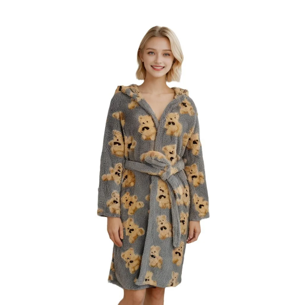 Donne flanella Kimono Robe Sleepwear inverno nuovo spesso caldo corallo accappatoio in pile indumenti da notte Cartoon Hooded Home Wear Loungewear