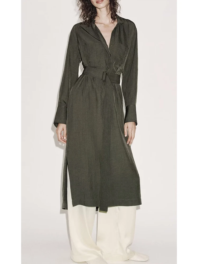 

European style new women's fashion versatile temperament simple solid color with belt long sleeve midi dress