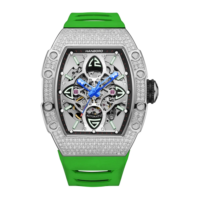 HANBORO Men Automatic Watch 50mm Luxury Mechanical Wristwatch Luminous Tonneau Case 50M Waterproof Rubber Strap Skeleton