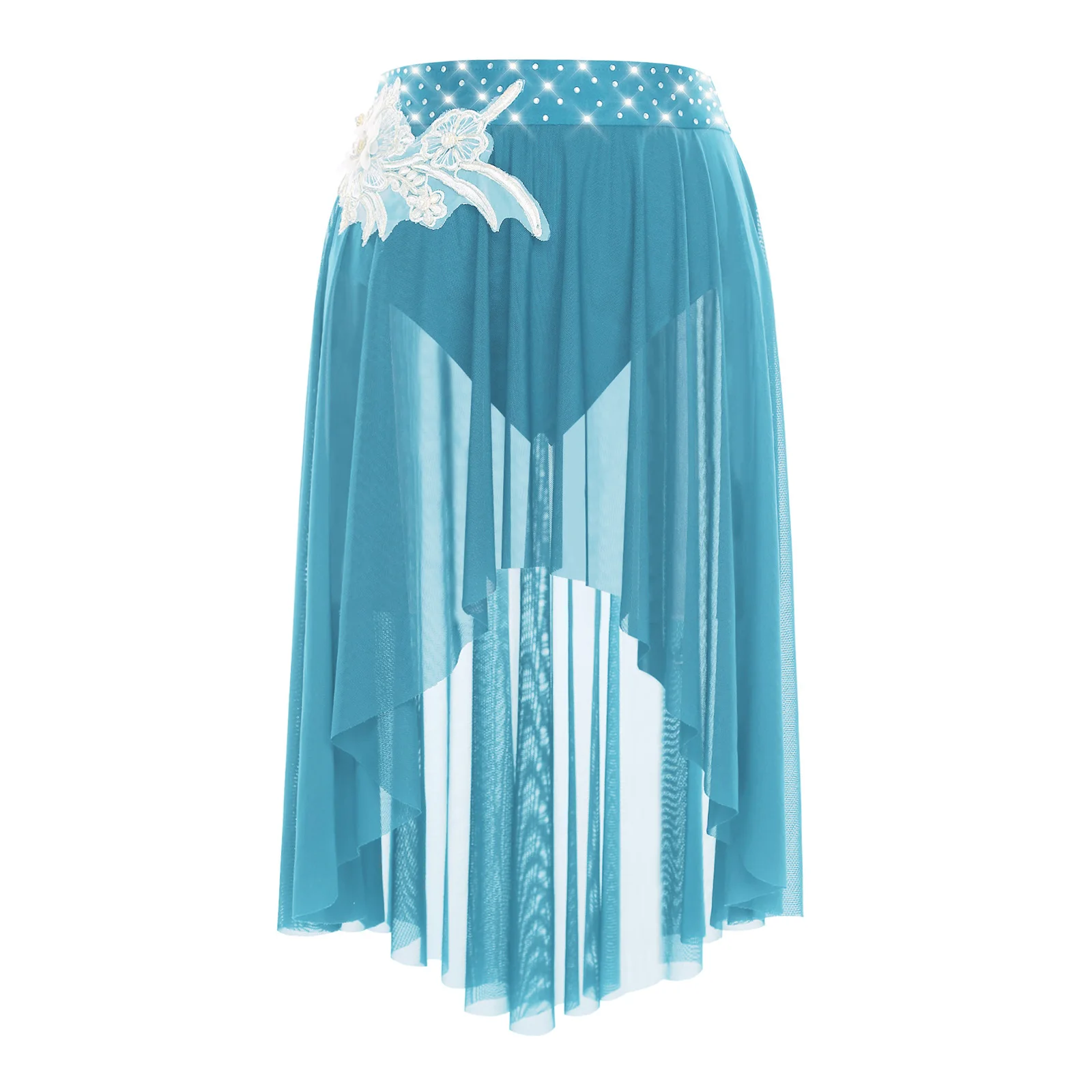 Women Waltz Lyrical Dance Skirts Classical Dance Skating Ballet Embroidery Applique Irregular Mesh Hem Brief Skirt Dancewear