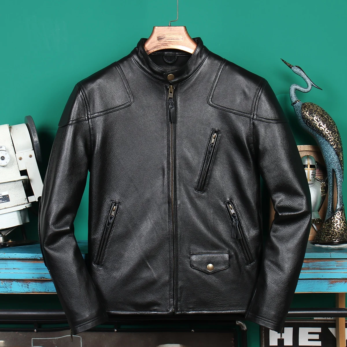 

Urban Baron American Sle Leather Jaet Men's Vm Heavyweight Top Layer Cowhide Stand Collar Motorcycle ort Genuine Lea...