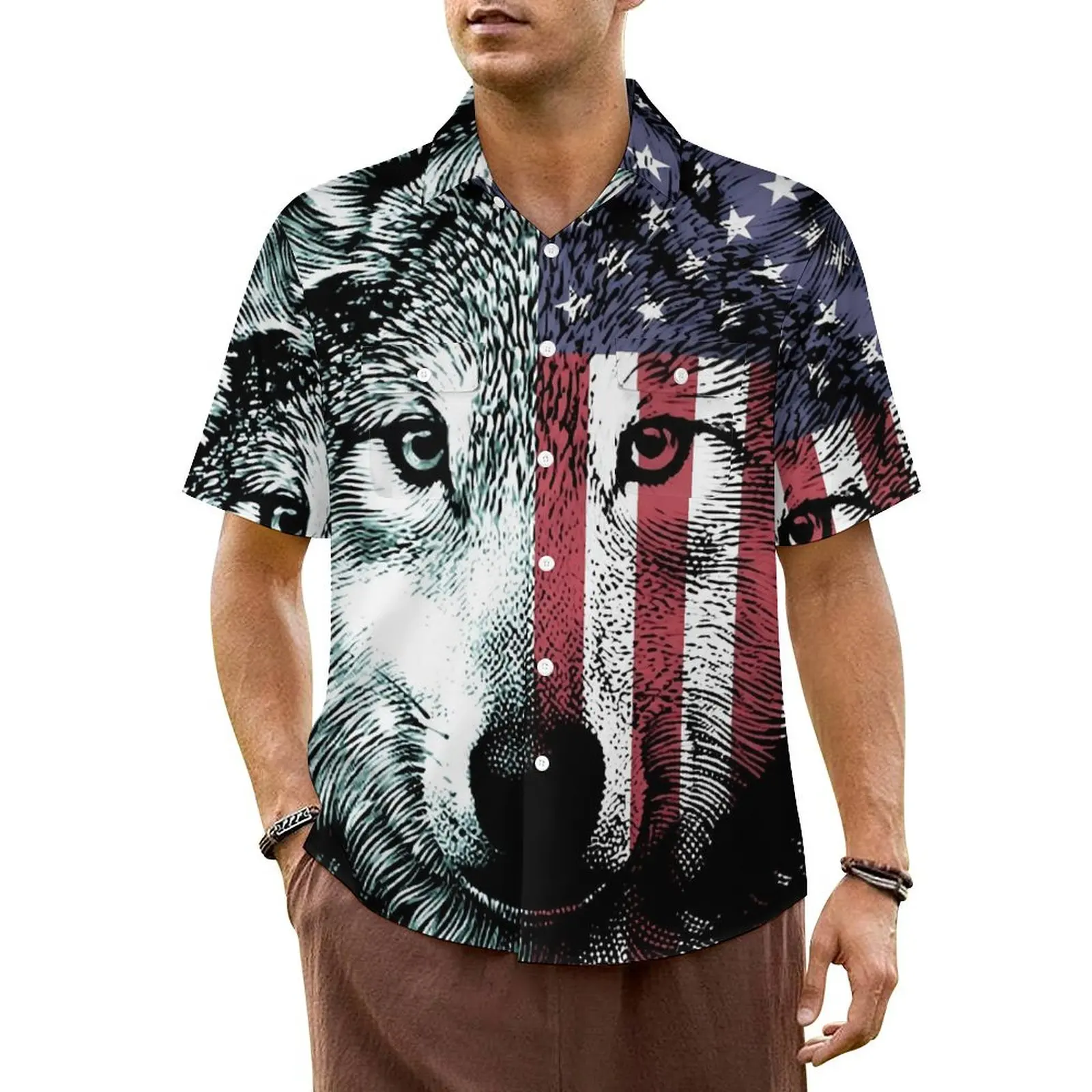 

American Wolf Beach Shirt Male Funny Animal Print Trendy Casual Shirts Hawaiian Short-Sleeved Streetwear Oversized Blouses Gift