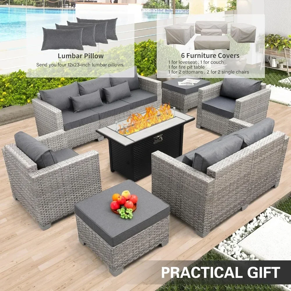 Rattan secional jardim mobiliário conjunto, pátio sofá conjuntos, PE cadeira, Fire Pit Table, 45 ", 7 pcs