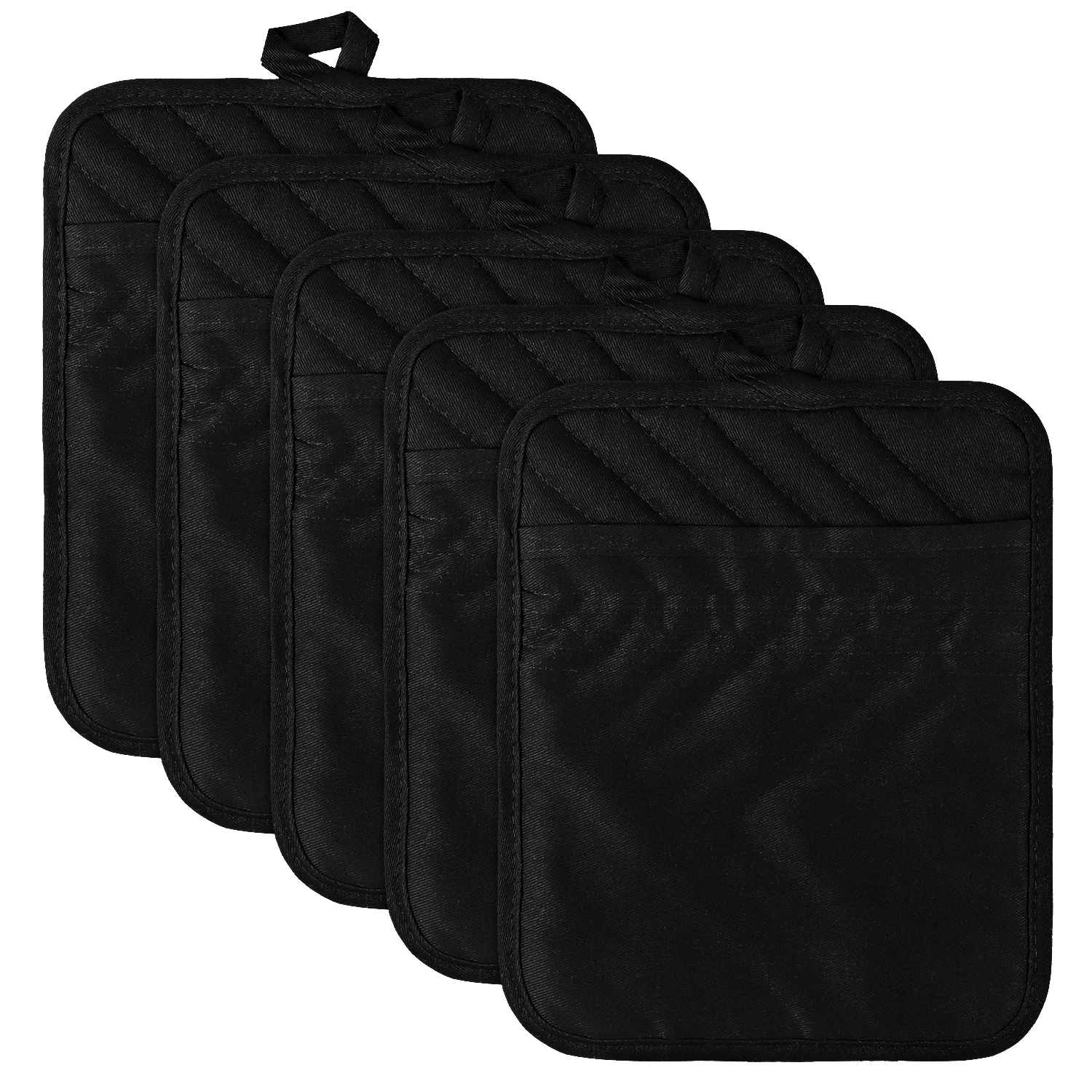 

5PCS Black Pot Holders For Heat Cotton Potholder Hot Pad Machine Washable Oven Potholders With Hanging Loop For Kitchen Bakin