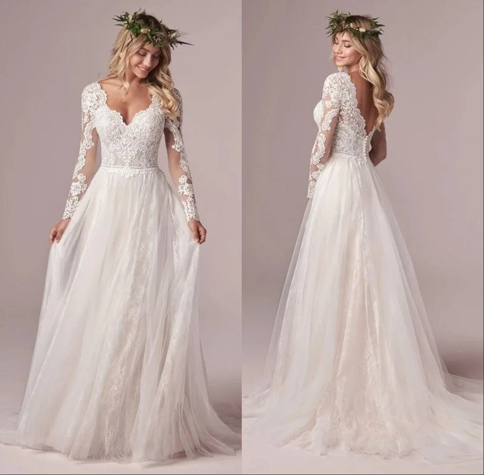 Personalizado mangas compridas vestidos de casamento feminino com decote em v sem costas apliques vestidos de noiva gracioso vestido de noiva abendkleider