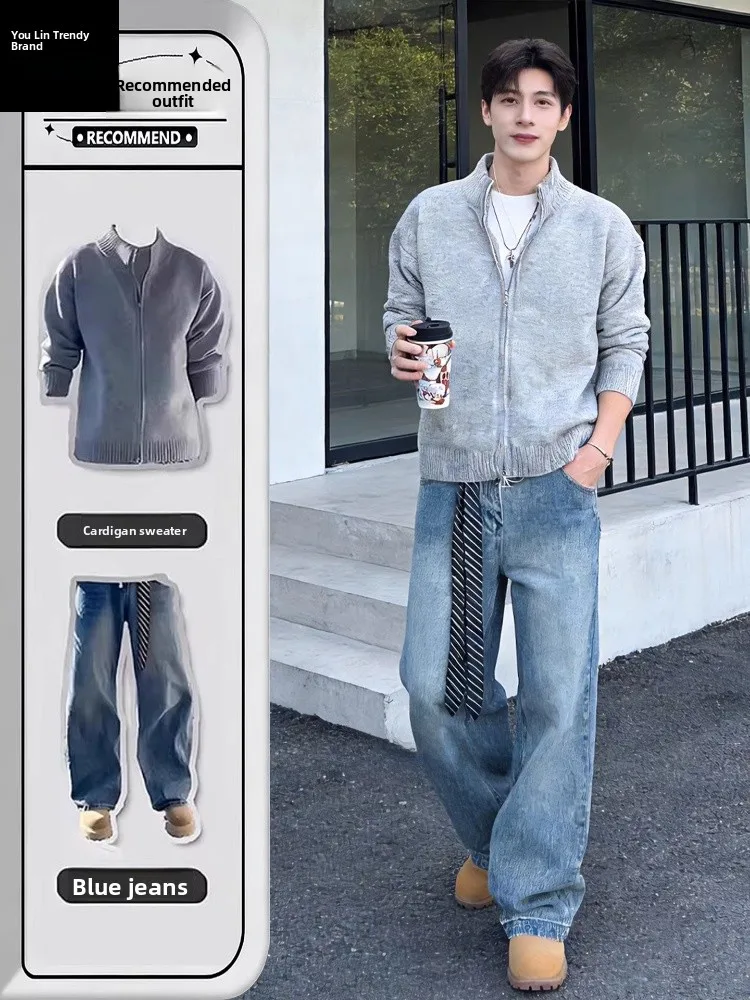 

Мужской вязаный кардиган-свитер для весны и осени, полный комплект OOTD, вязаная кофта с воротником-стойкой, мягкий полиэстер