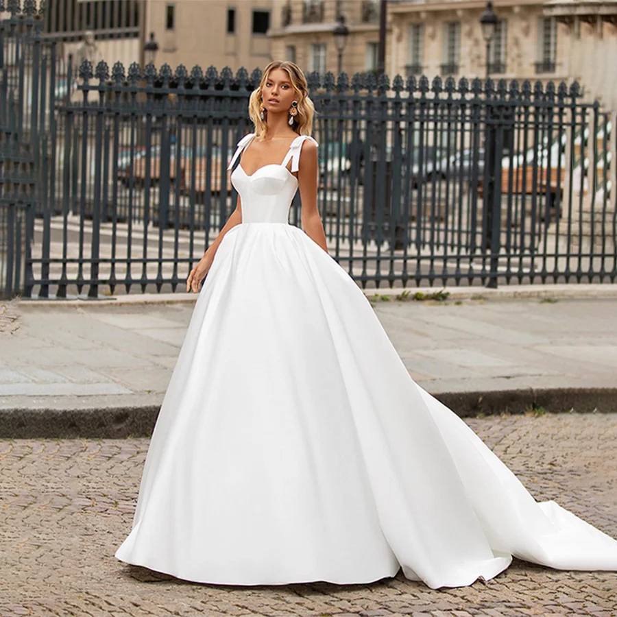 

Sweetheart Long Strap Sleeveless Satin Wedding Gowns A-line Backless Lace Up Custom Made Evening Gowns
