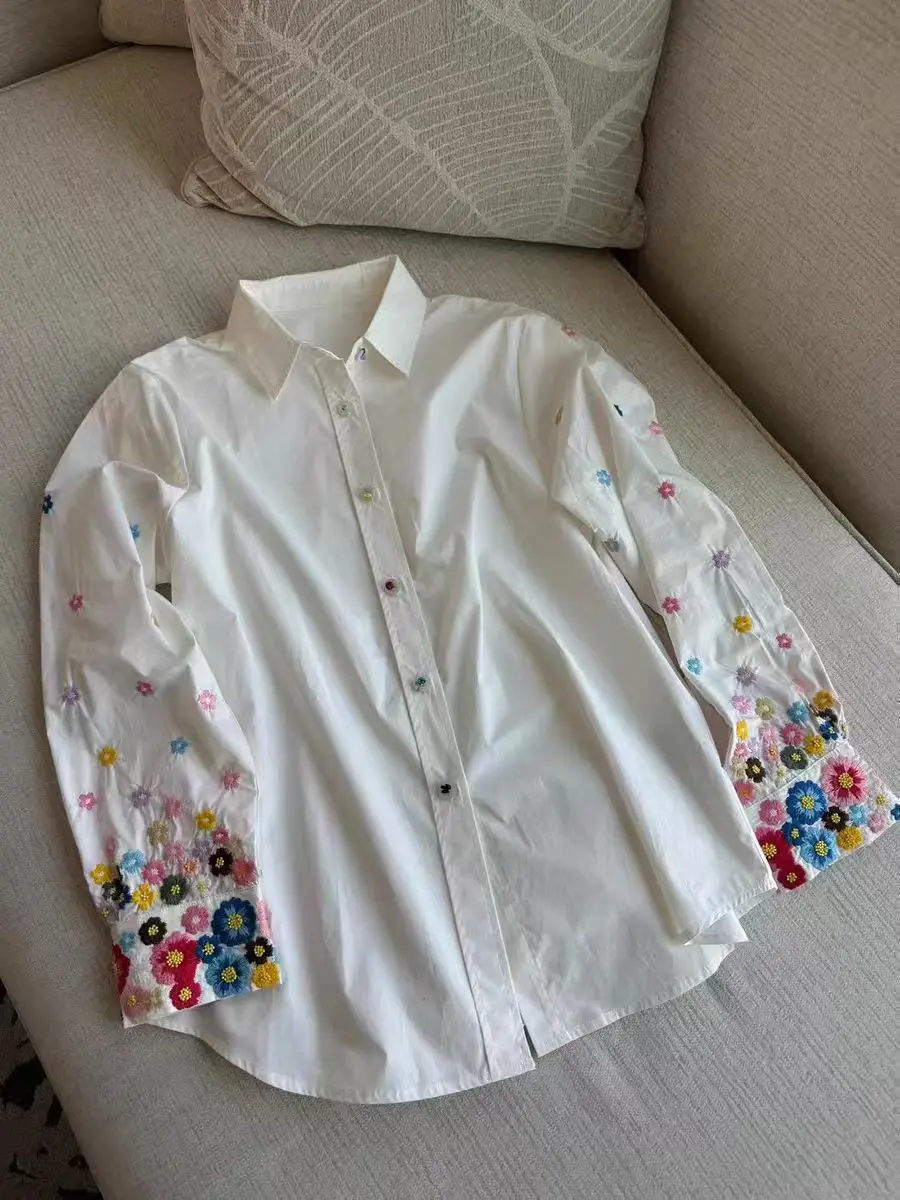 2023 frühling Sommer Trend Stickerei Baumwolle Blusen Shirts Für Frauen Lange Hülse Lose Beiläufige Shirts Tops Camisas De Mujer