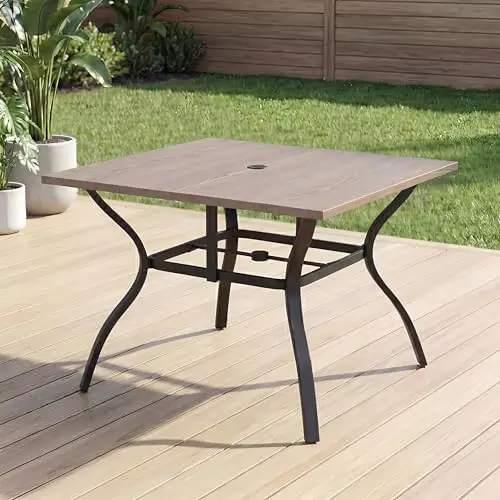 37.8”x37.8” Metal Outdoor Dining Table for 4,Square Patio Dining Table with Adjustable Umbrella Hole,All-Weather Brown