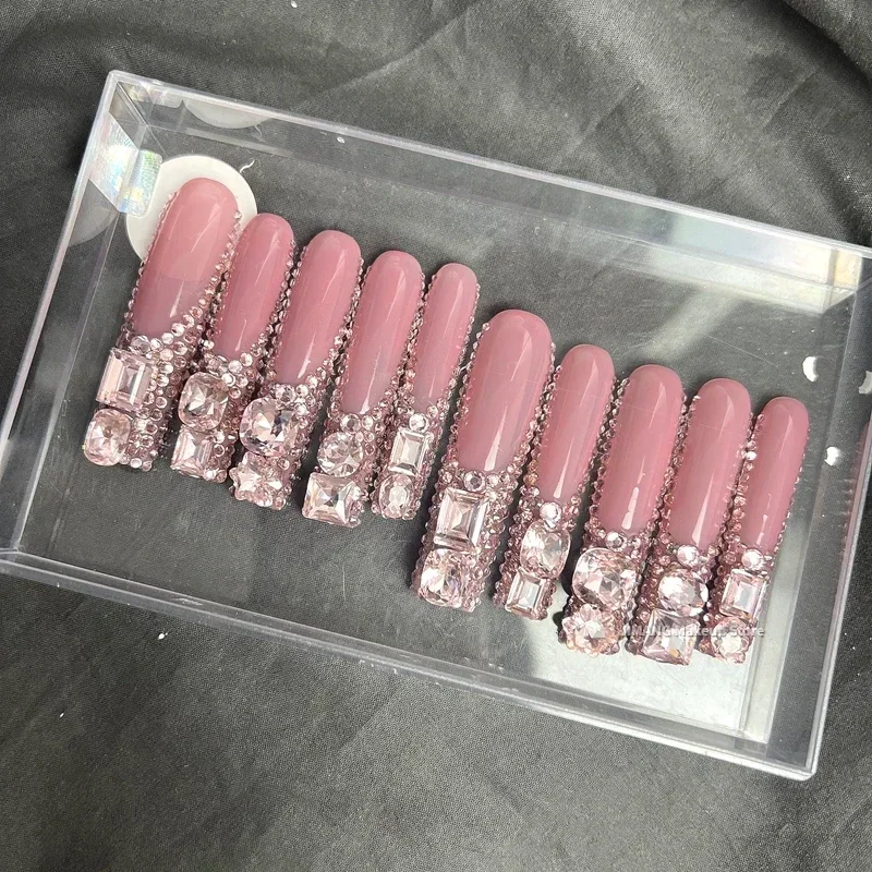 Custom Bling Champagne Color Rhinestone XXXL Long Square Coffin Press On Nails Handmade False Nail Tips Reusable Fake Nail Party