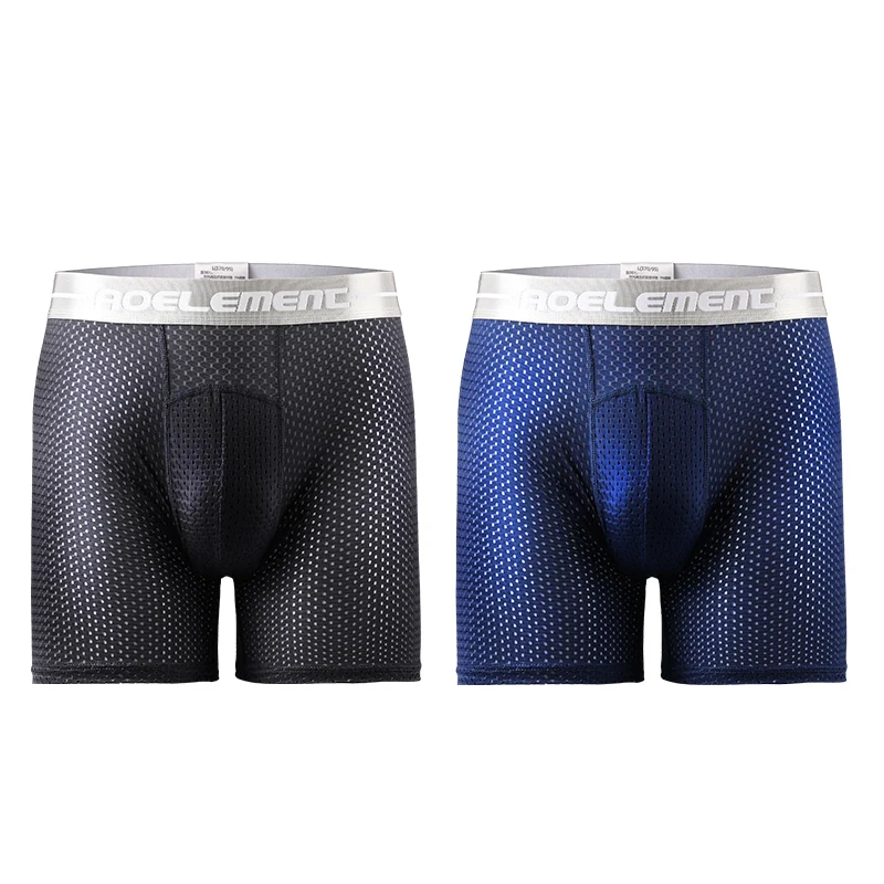 ملابس داخلية رياضية احترافية للرجال سراويل بوكسر طويلة مضادة للارتداء من الحرير الجليدي مجوفة قابلة للتنفس سريعة الجفاف والجري وساق طويلة