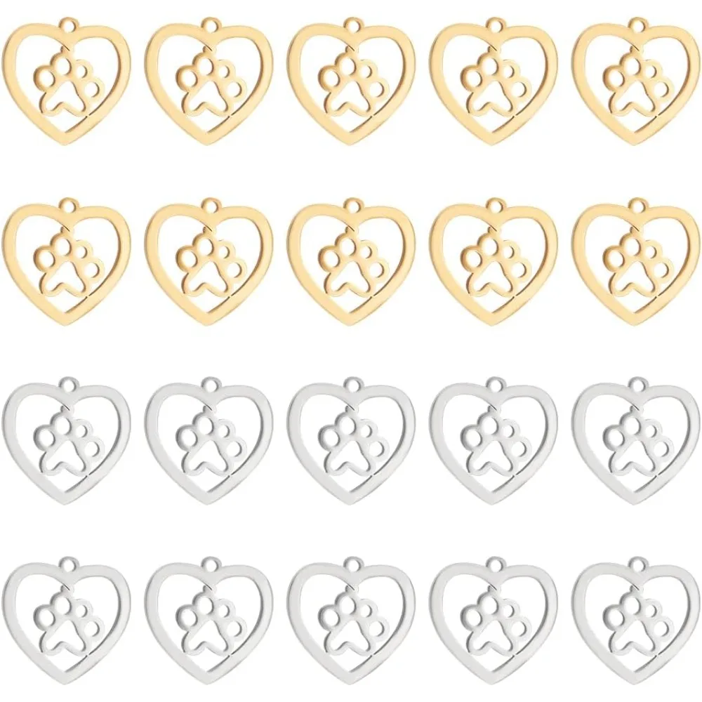 

20pcs 2 Colors 15mm Long Stainless Steel Heart with Dog Paw Prints Charms Hollow Connectors for DIY Bracelet Necklace Jewelry