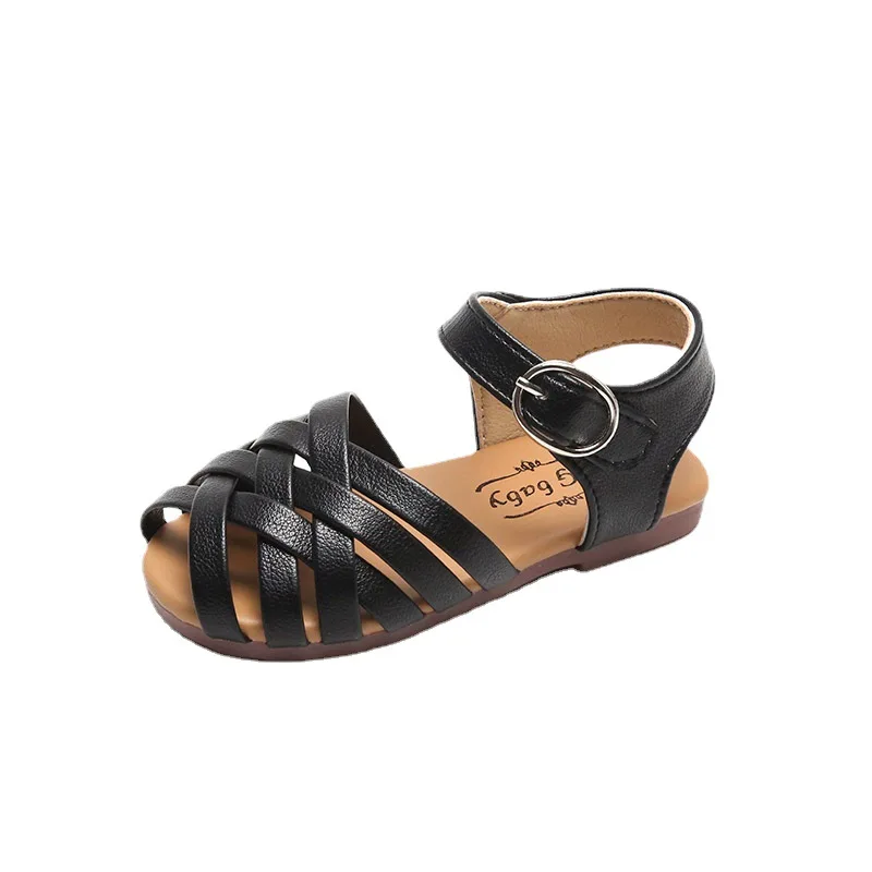 Cross-tied Summer Girls Beach Shoes Classic Black White Pink Roman Sandals Cut-outs Kids Girl Sandals for Children E04272