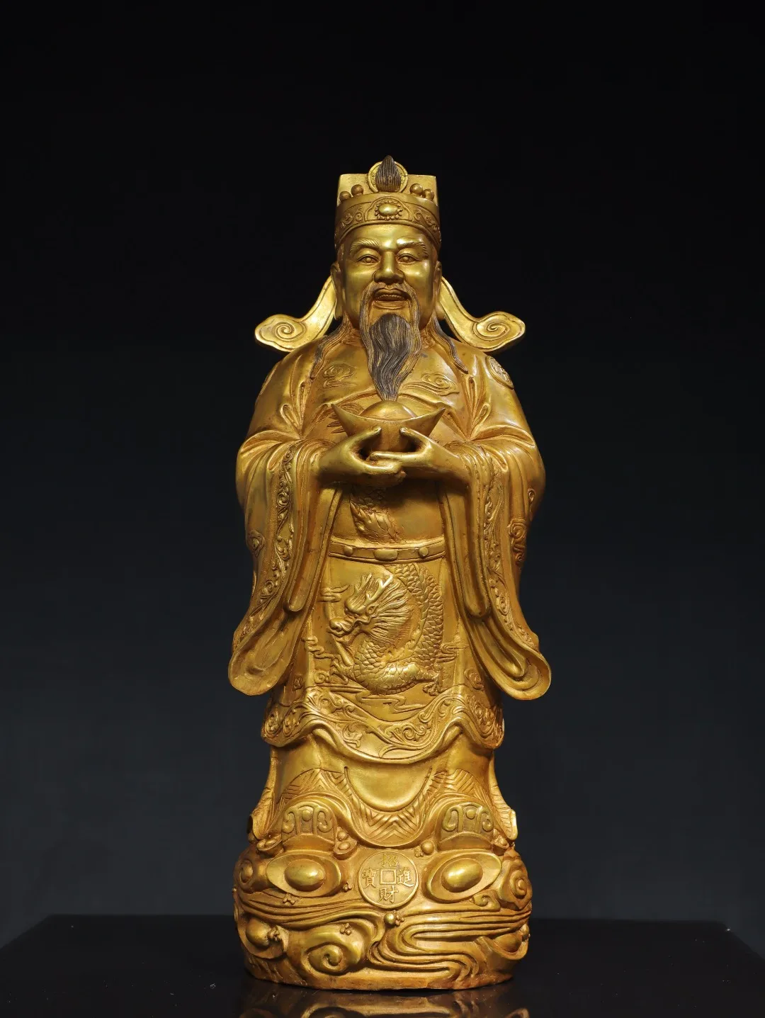 

24"Tibetan Temple Collection Old Bronze Gilded Cinnabar Yuanbao coins Ruyi God of wealth Immortal Amass wealth Worship Hall