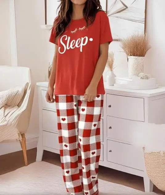 

Letter Printed Round Neck T-Shirt and Contrasting Checkered Heart-Shaped Printed Straight Leg Pants Set for Women's Home Wear