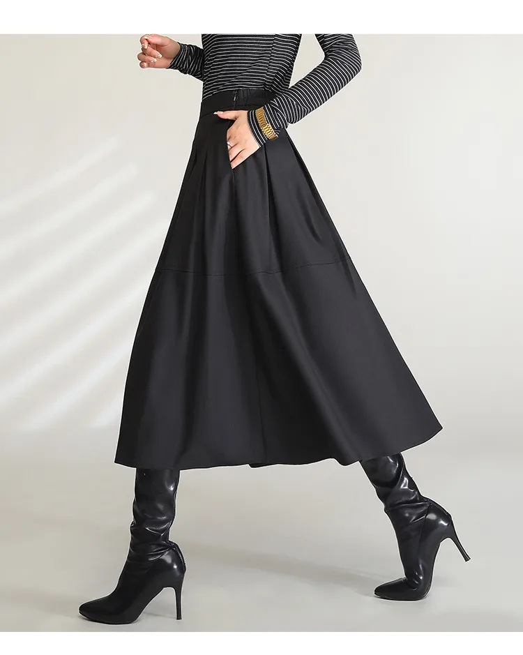 LOUIS YAO Women Elegant Black Midi Skirts 2024 High Waist Commuting Casual A Line Umbrella Long Skirt with Slit and Pockets