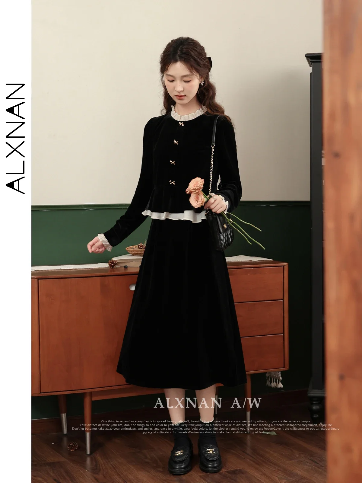 ALXNAN Black Fake 2 Piece Velvet Dress for Woman 2024 Autumn Winter Elegant Patchwork Long Sleeve Dress Sold Separately L33017