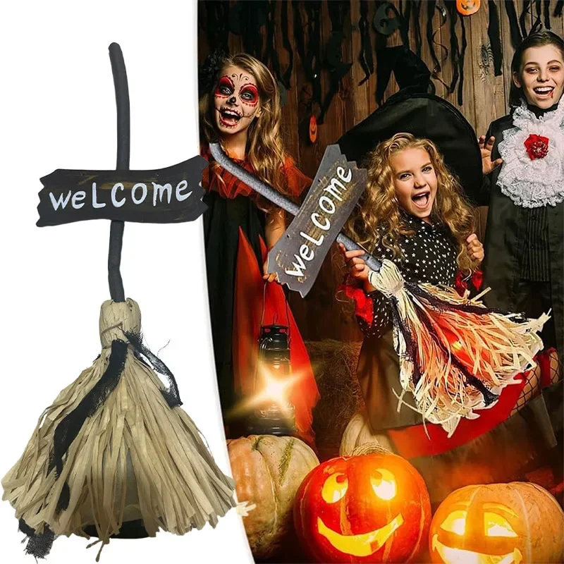 Halloween Glow Removeable Magic Broom Witch Haunted House Bar Ornaments Props With Sound Electric Broom With Welcome Denoter