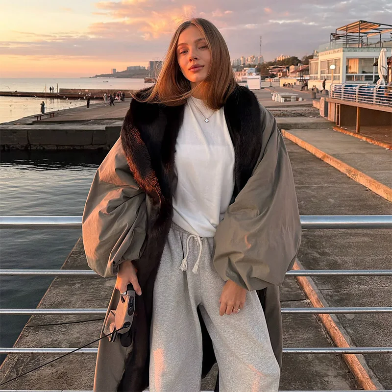 معطف طويل كبير الحجم للنساء سترات فضفاضة بياقة من الفرو الصناعي وأربطة معاطف عصرية بأكمام طويلة ملابس خارجية معاطف شتوية جديدة 2025 #2