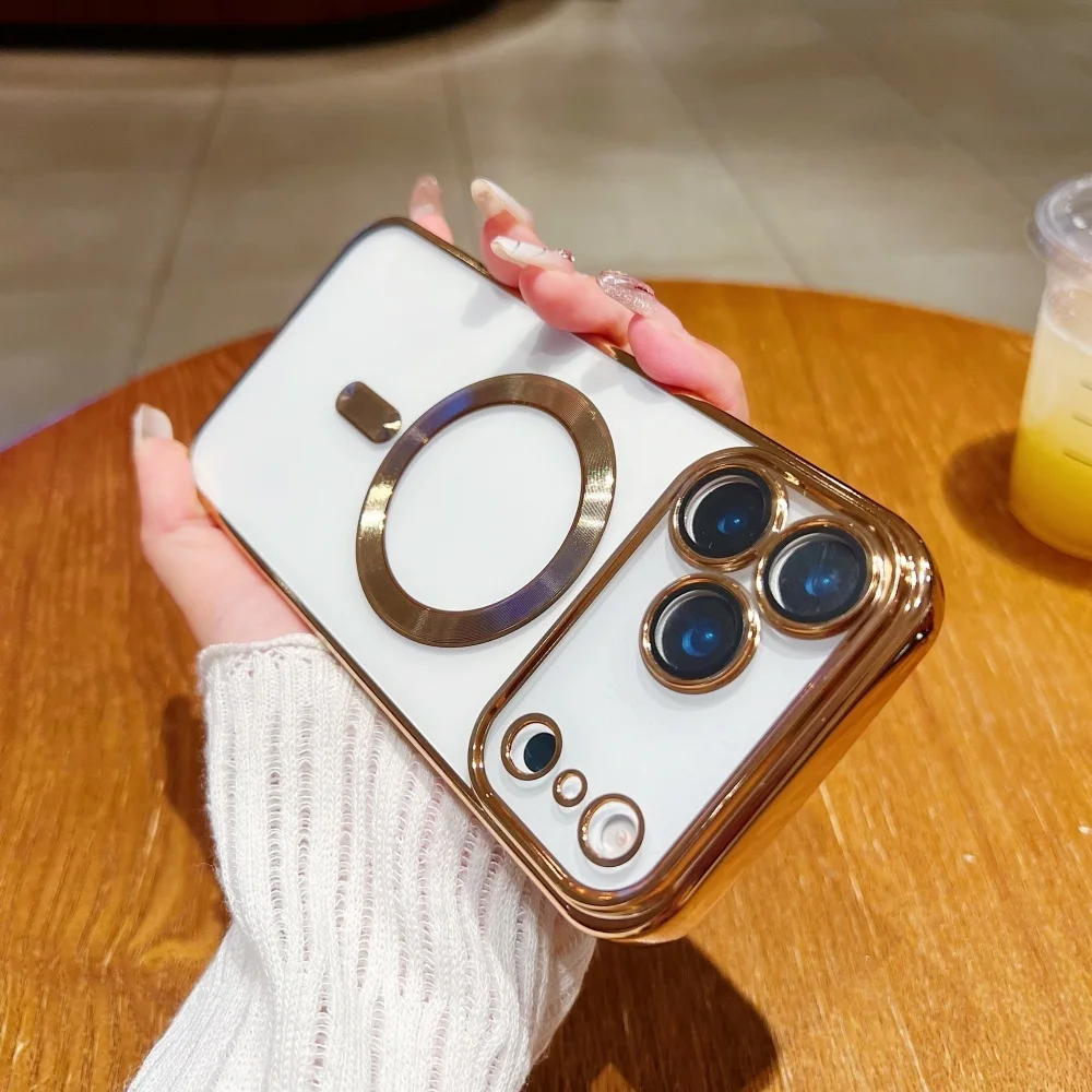 MagSafe対応 透明メッキケース iPhone 17 16 15 Pro Max Air 14 Plus 13 12用 マグネット式クリアカメラ保護スリムカバー