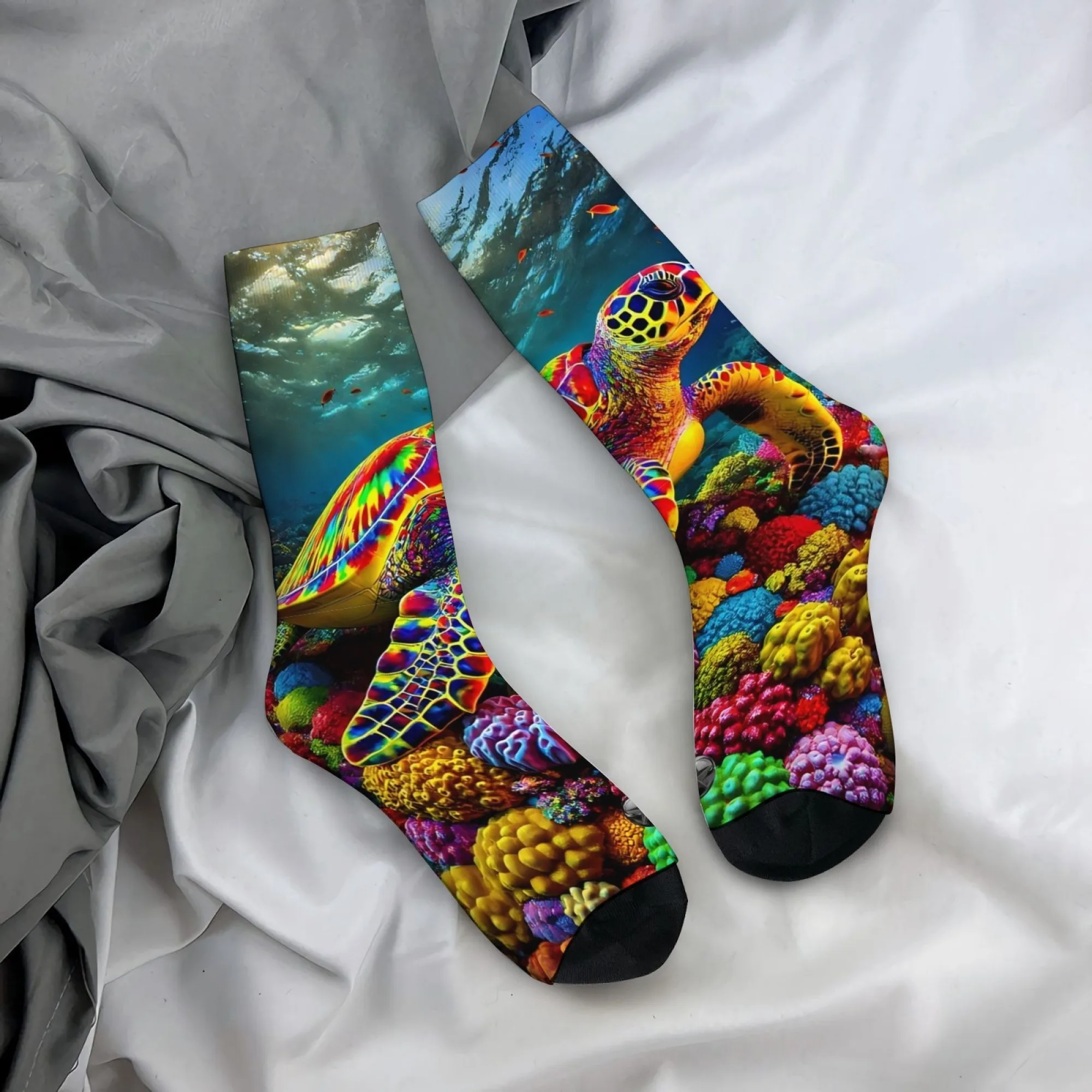 Iridescent Sea Turtle Socks Reef Underwater World Print Men's Mid-calf Socks Realistic Natural Art Casual Durable Warm Socks